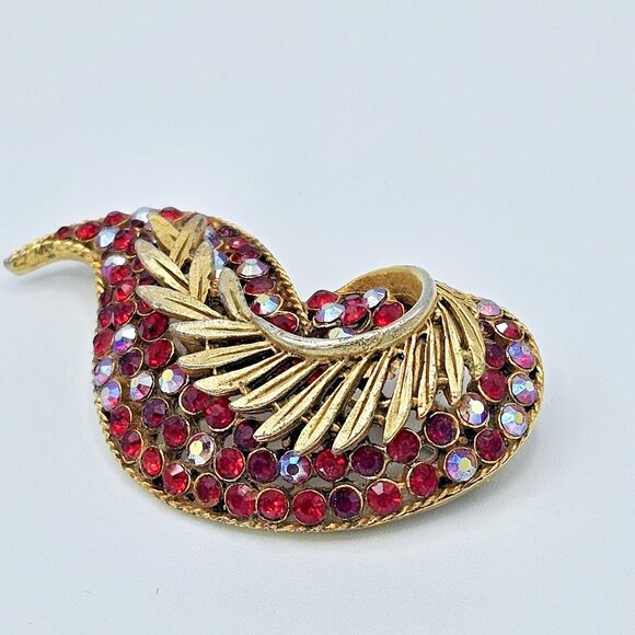 BSK Swirl Leaf Brooch Vintage Paisley Red & Red Aurora Borealis Large Estate Pin - Picture 3 of 13